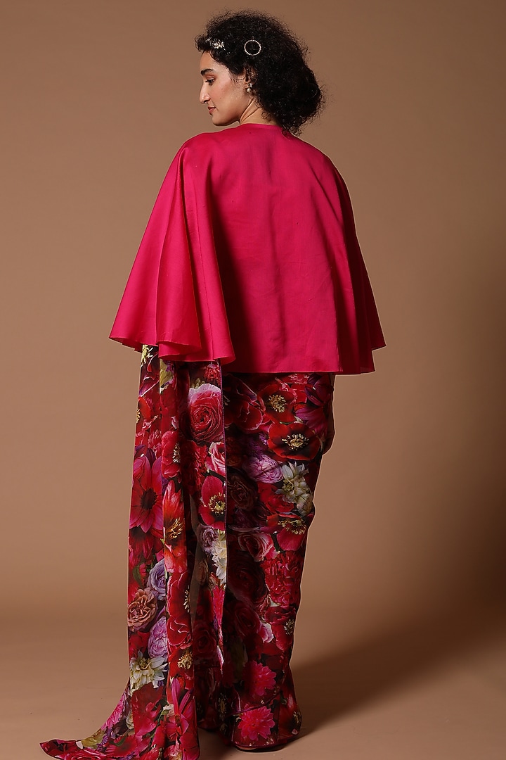 Rose Red Chiffon Floral Printed Jacket Reception Saree Set by Rohit Bal at Pernia's Pop Up Shop