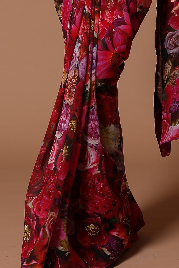 Rose Red Chiffon Floral Printed Jacket Reception Saree Set by Rohit Bal at Pernia's Pop Up Shop