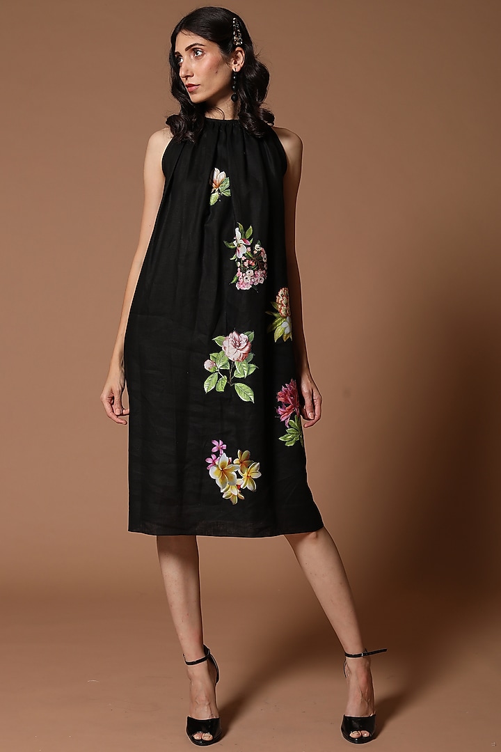 Black Floral Printed Dress by Rohit Bal