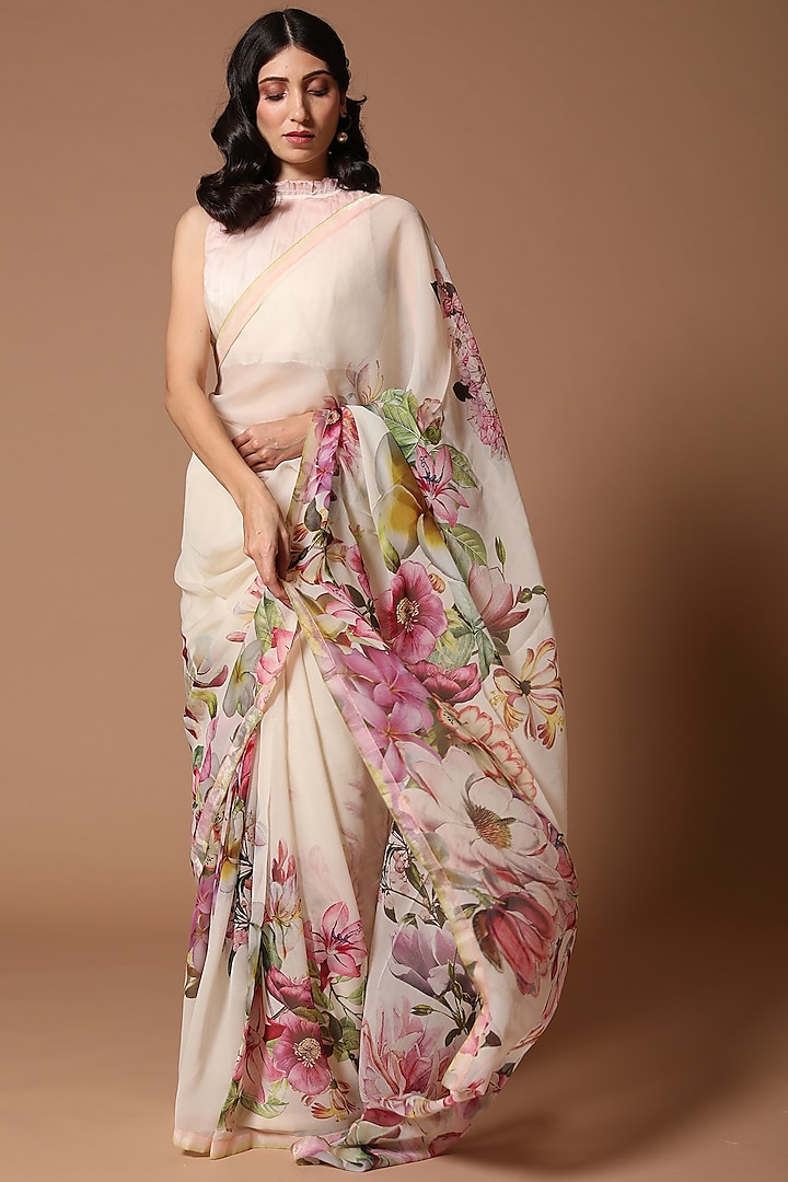 Ivory Floral Printed Saree by Rohit Bal
