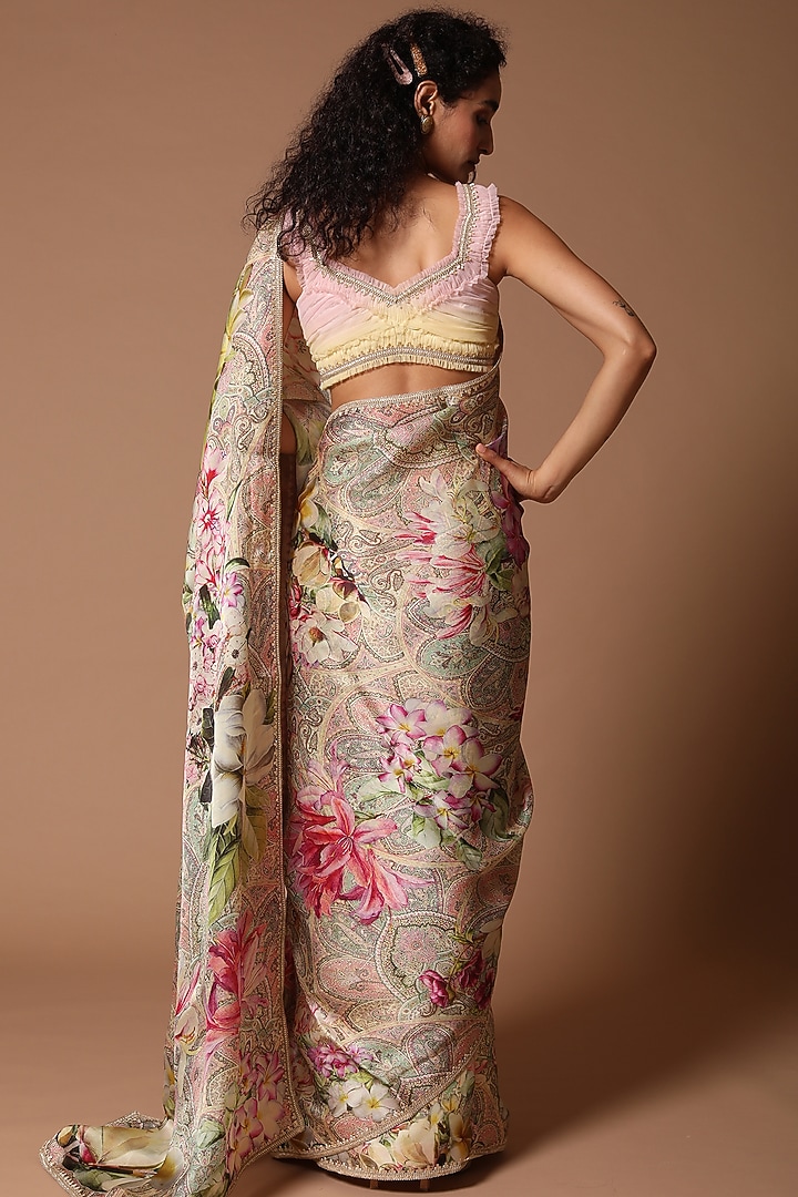 Ivory Organza Digital Printed Wedding Saree Set by Rohit Bal at Pernia's Pop Up Shop
