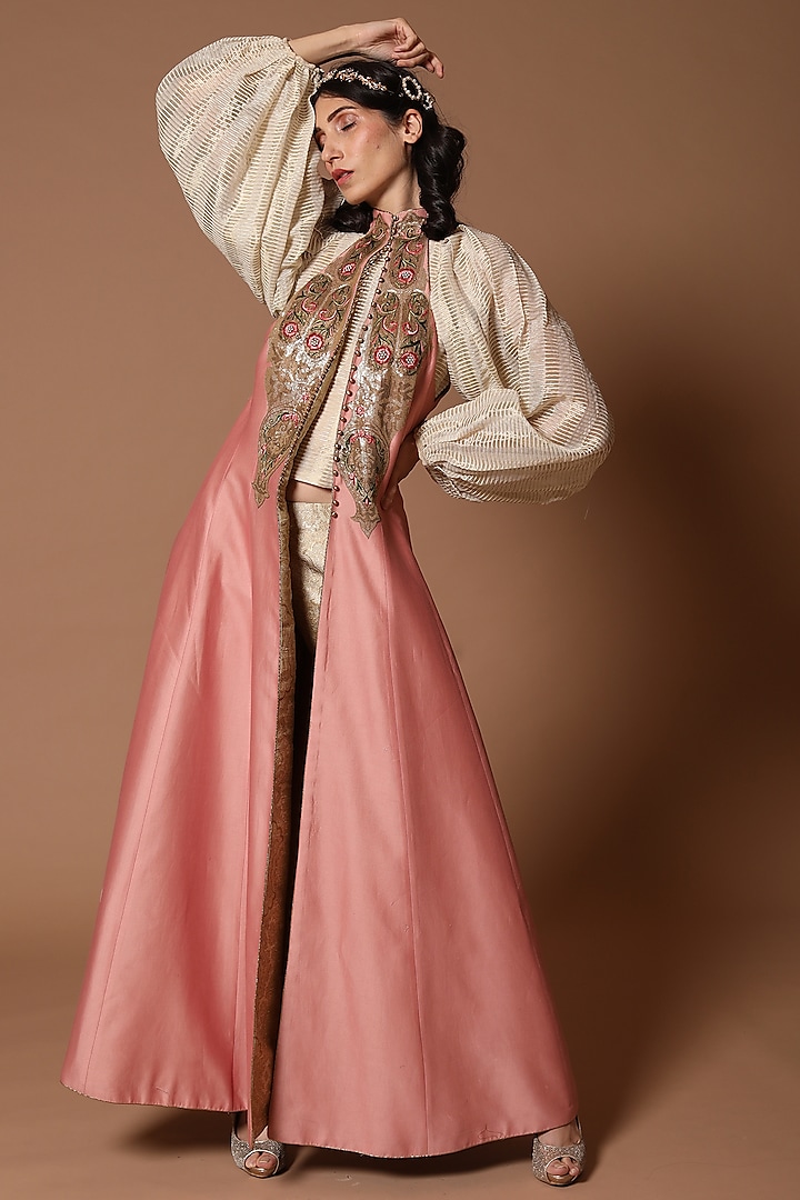 Rose Pink Hand Embroidered Jacket Set by Rohit Bal