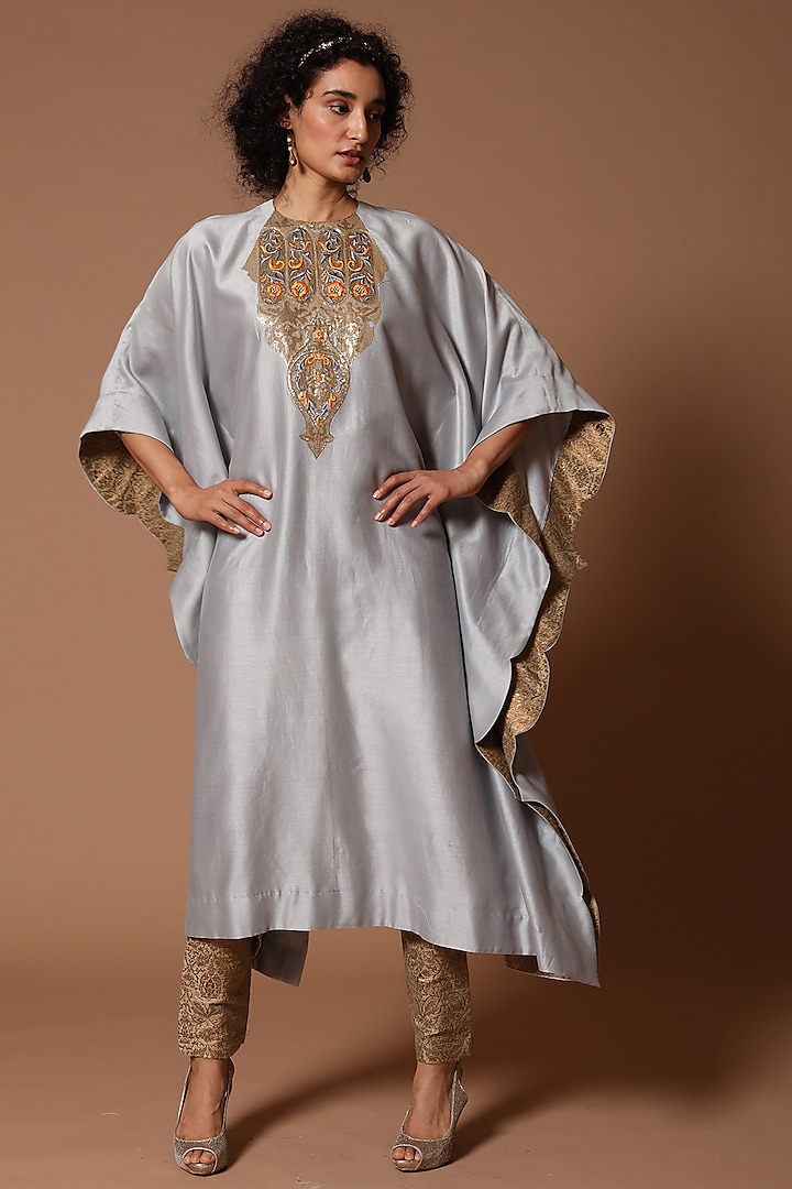 Ice Grey Embroidered Kaftan Set by Rohit Bal