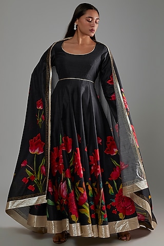 Black Printed Anarkali Set by Rohit Bal