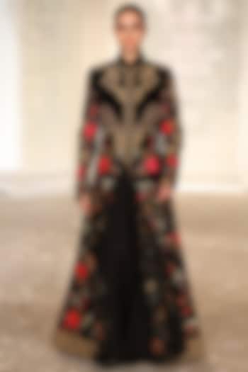 Black Velvet Embroidered Long Jacket by Rohit Bal at Pernia's Pop Up Shop