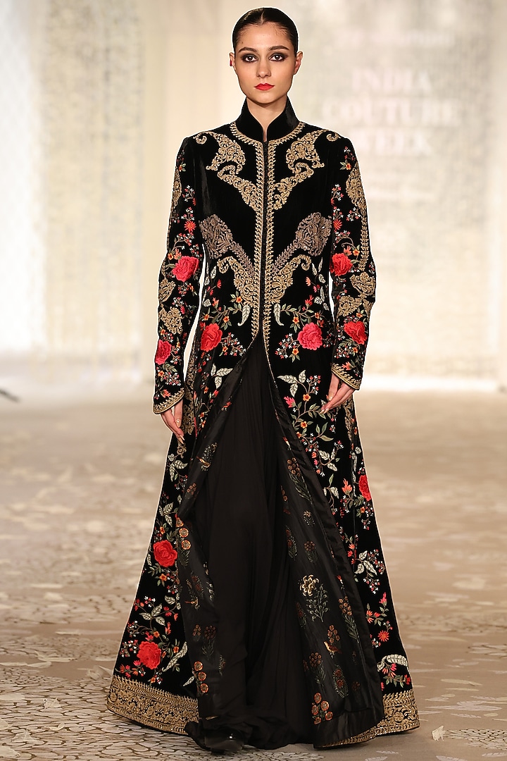 Black Velvet Embroidered Long Jacket by Rohit Bal at Pernia's Pop Up Shop
