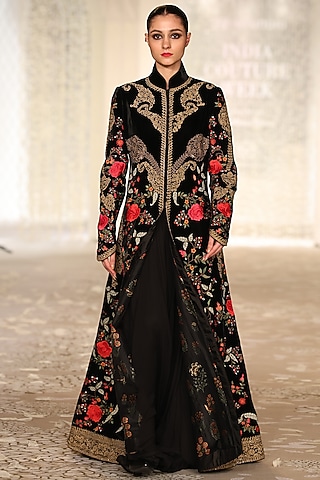 Black Velvet Embroidered Long Jacket by Rohit Bal