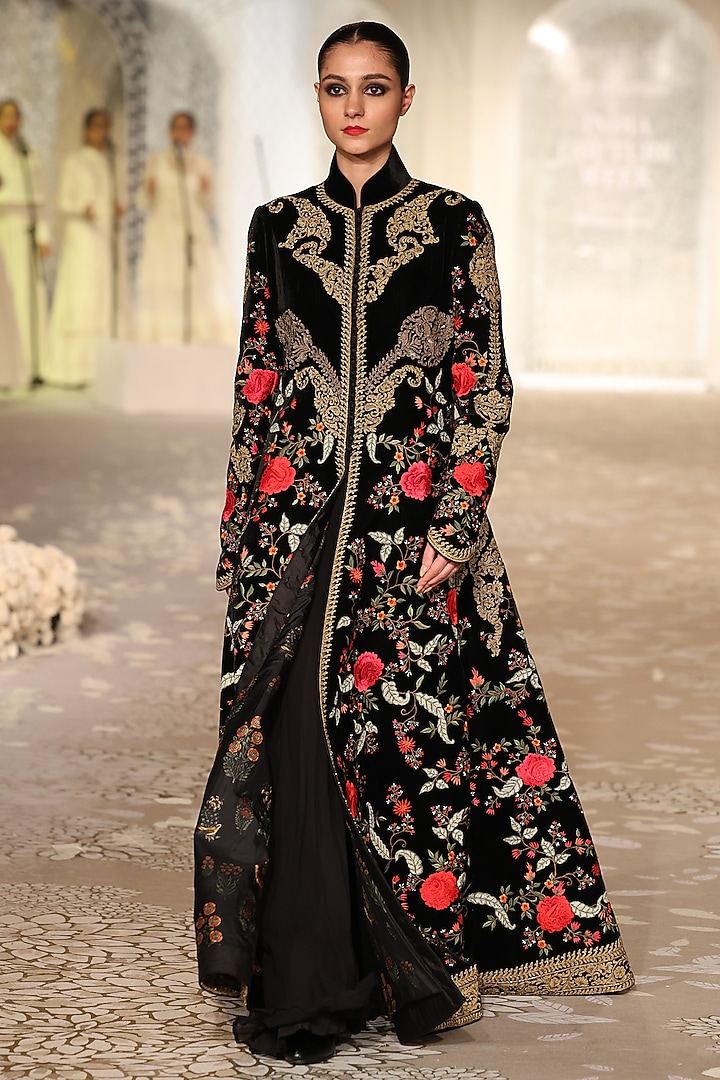 Black Velvet Embroidered Long Jacket by Rohit Bal at Pernia's Pop Up Shop