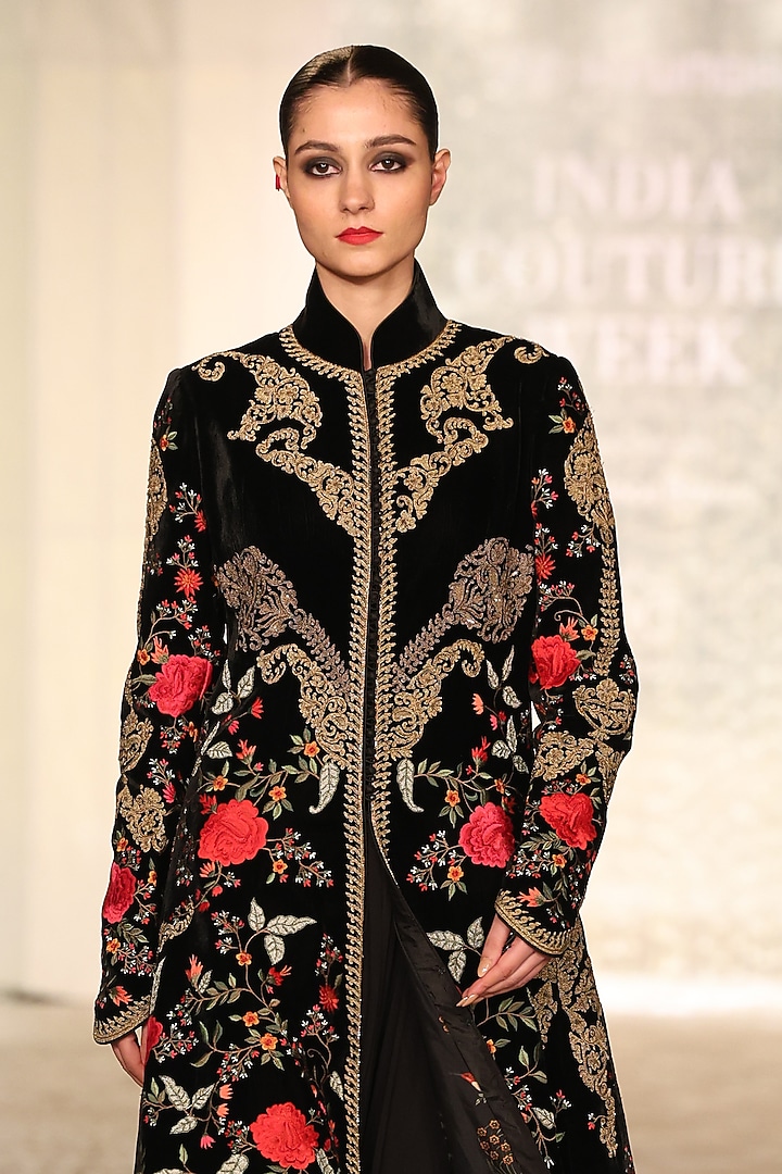 Black Velvet Embroidered Long Jacket by Rohit Bal at Pernia's Pop Up Shop