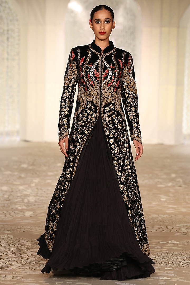 Black Velvet Embroidered Long Jacket by Rohit Bal at Pernia's Pop Up Shop