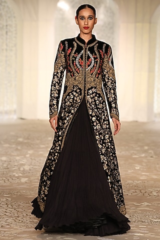 Black Velvet Embroidered Long Jacket by Rohit Bal