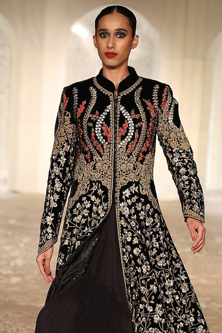 Black Velvet Embroidered Long Jacket by Rohit Bal at Pernia's Pop Up Shop