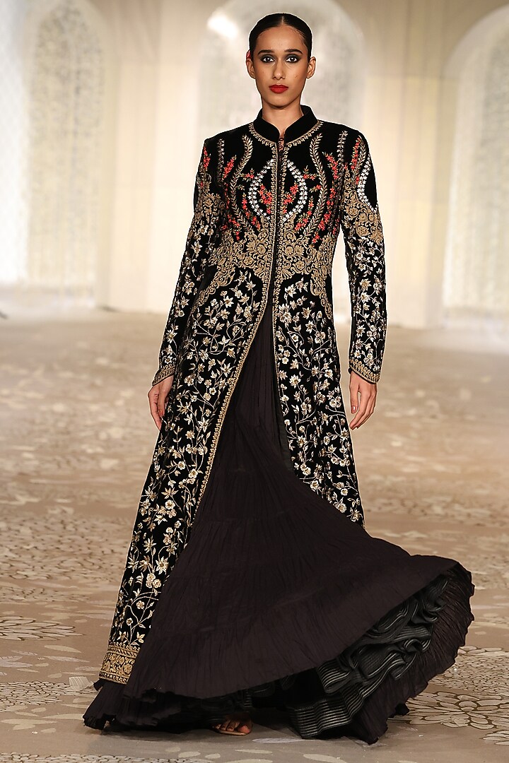 Black Velvet Embroidered Long Jacket by Rohit Bal at Pernia's Pop Up Shop