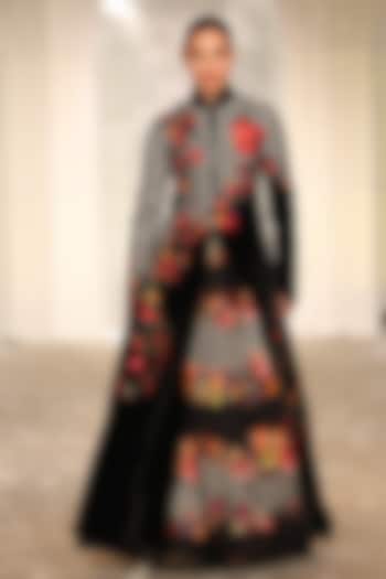 Black Velvet Floral Embroidered Long Jacket by Rohit Bal at Pernia's Pop Up Shop