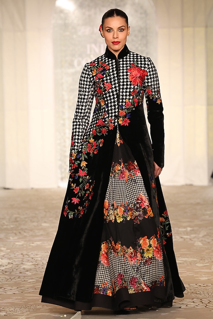 Black Velvet Floral Embroidered Long Jacket by Rohit Bal at Pernia's Pop Up Shop