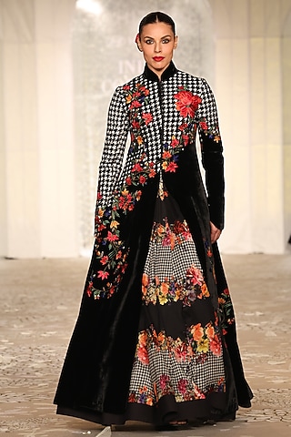Black Velvet Floral Embroidered Long Jacket by Rohit Bal