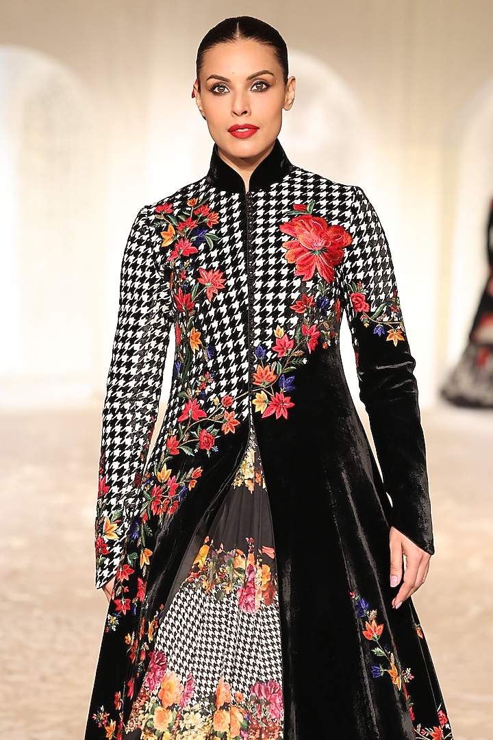 Black Velvet Floral Embroidered Long Jacket by Rohit Bal at Pernia's Pop Up Shop