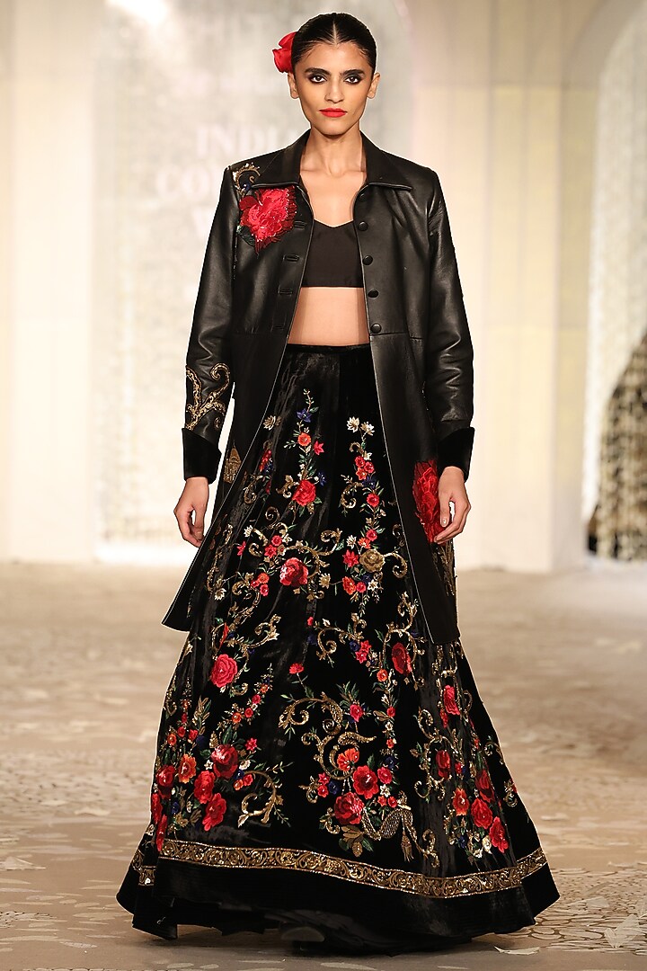 Black Leather Embroidered Long Jacket by Rohit Bal at Pernia's Pop Up Shop