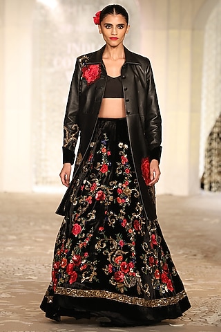 Black Leather Embroidered Long Jacket by Rohit Bal
