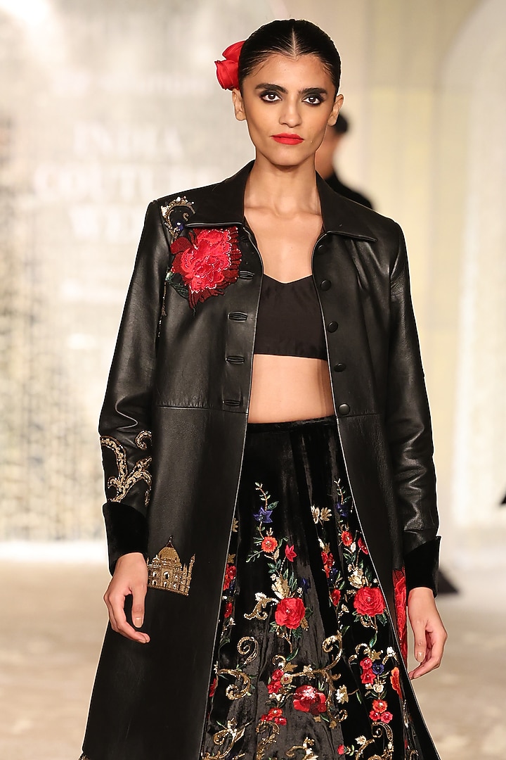 Black Leather Embroidered Long Jacket by Rohit Bal at Pernia's Pop Up Shop