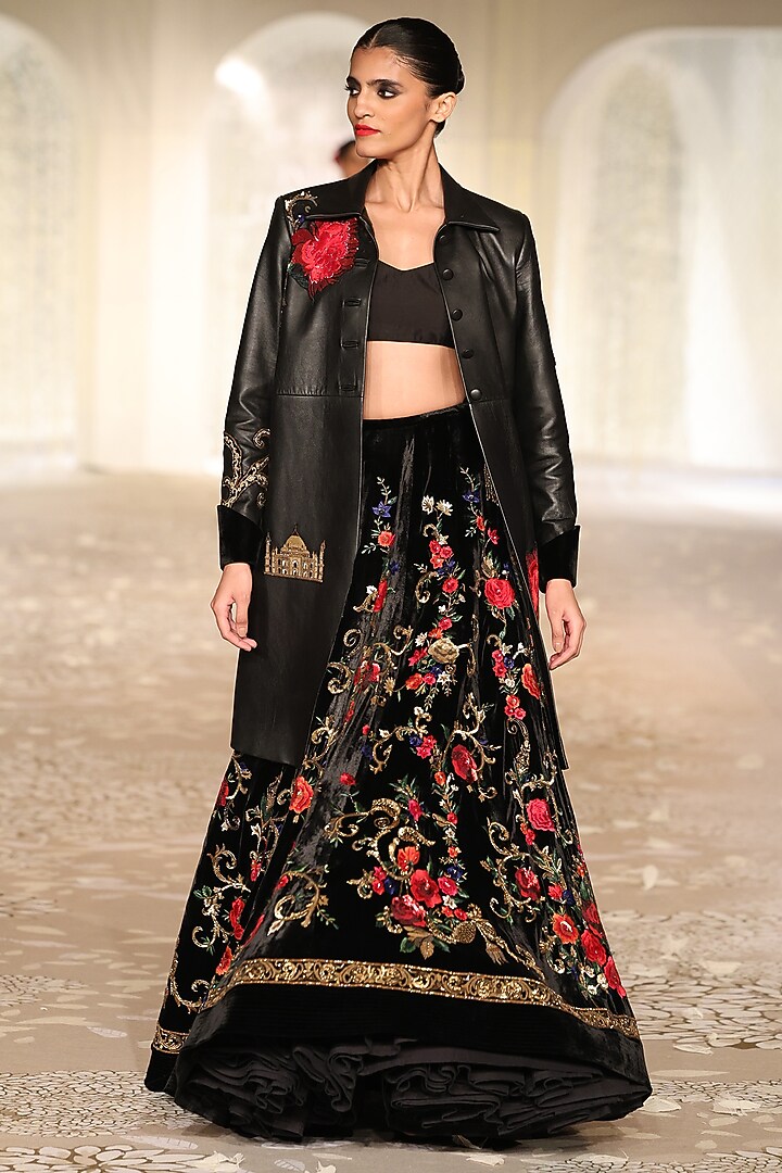 Black Leather Embroidered Long Jacket by Rohit Bal at Pernia's Pop Up Shop