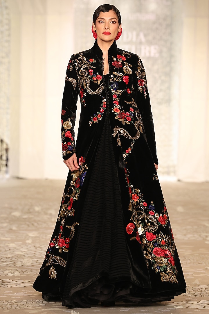 Black Velvet Embroidered Long Jacket by Rohit Bal at Pernia's Pop Up Shop