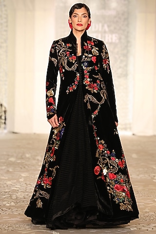 Black Velvet Embroidered Long Jacket by Rohit Bal