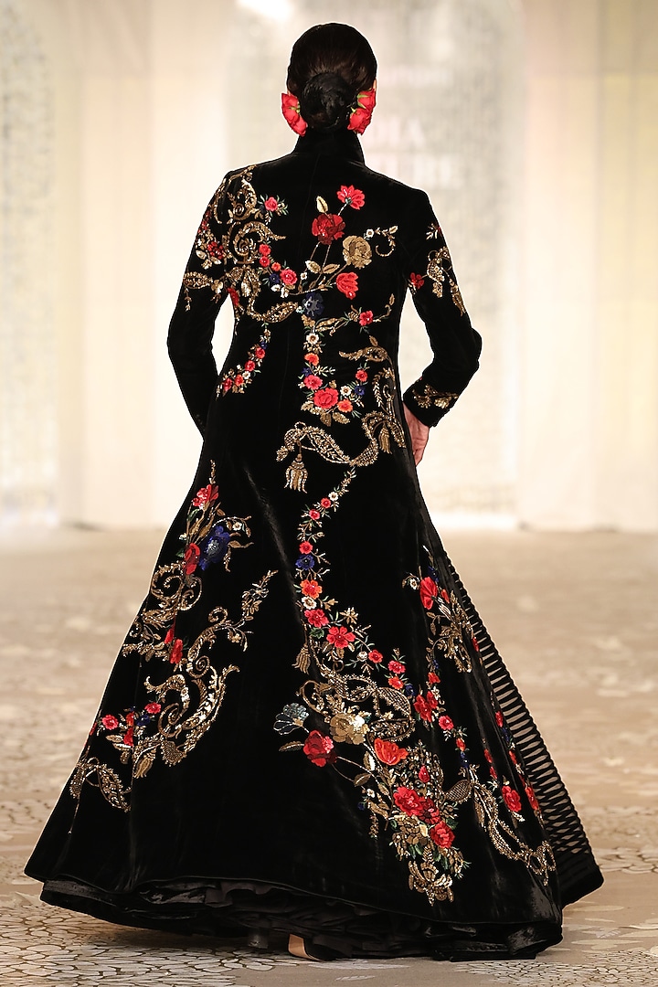 Black Velvet Embroidered Long Jacket by Rohit Bal at Pernia's Pop Up Shop