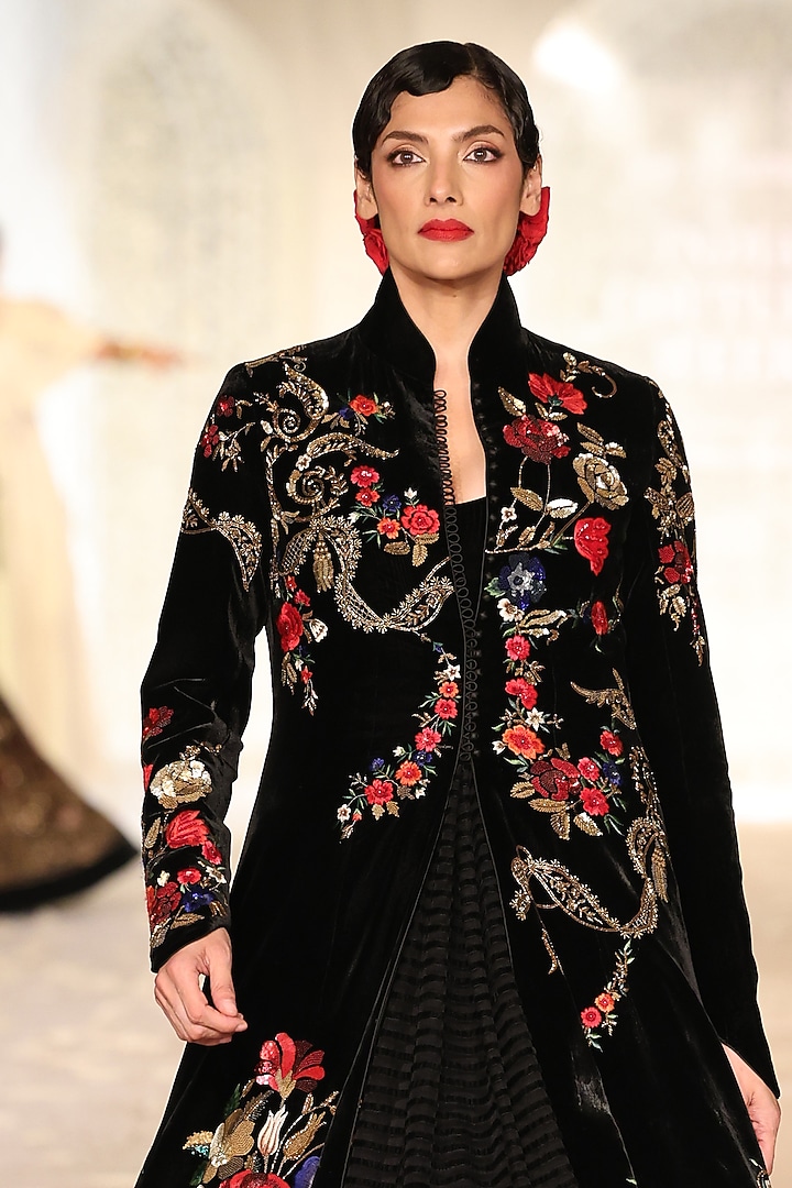 Black Velvet Embroidered Long Jacket by Rohit Bal at Pernia's Pop Up Shop