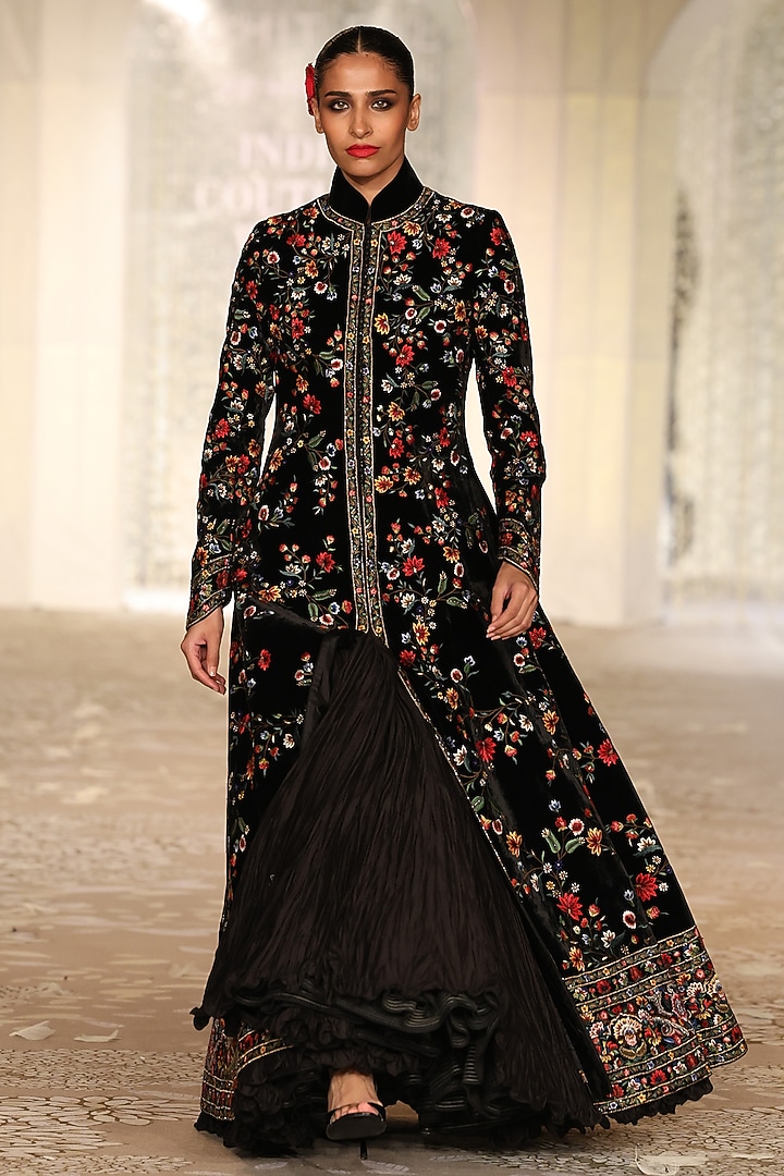 Black Velvet Embroidered Long Jacket by Rohit Bal at Pernia's Pop Up Shop