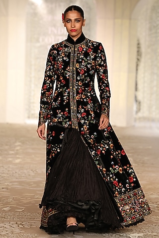 Black Velvet Embroidered Long Jacket by Rohit Bal