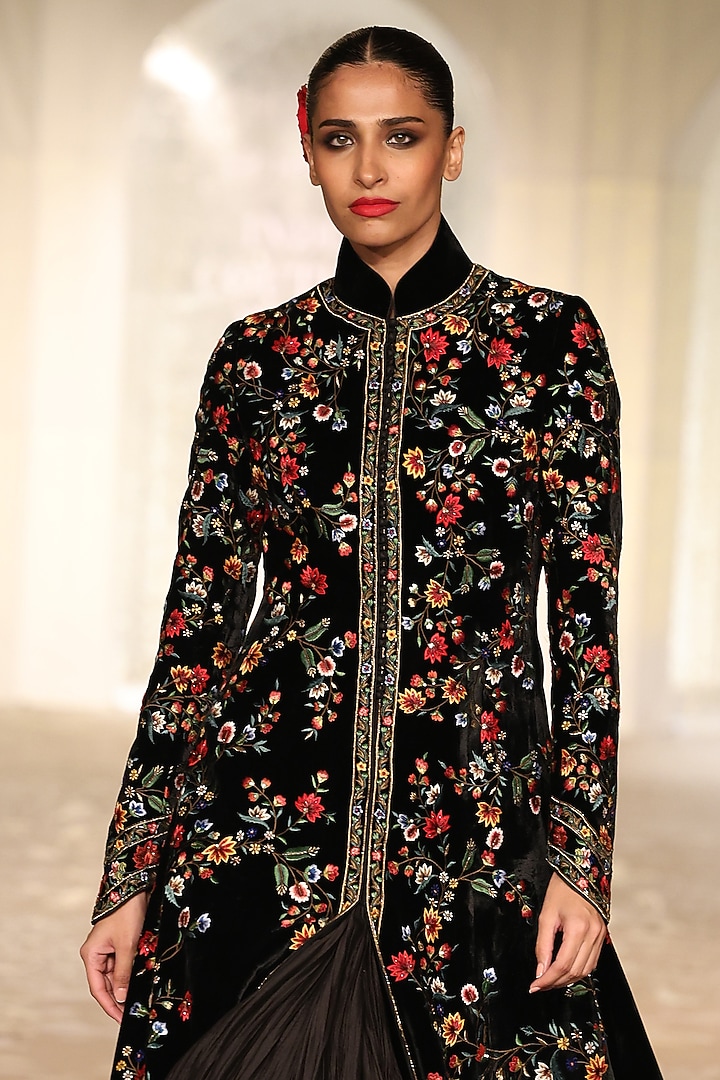 Black Velvet Embroidered Long Jacket by Rohit Bal at Pernia's Pop Up Shop