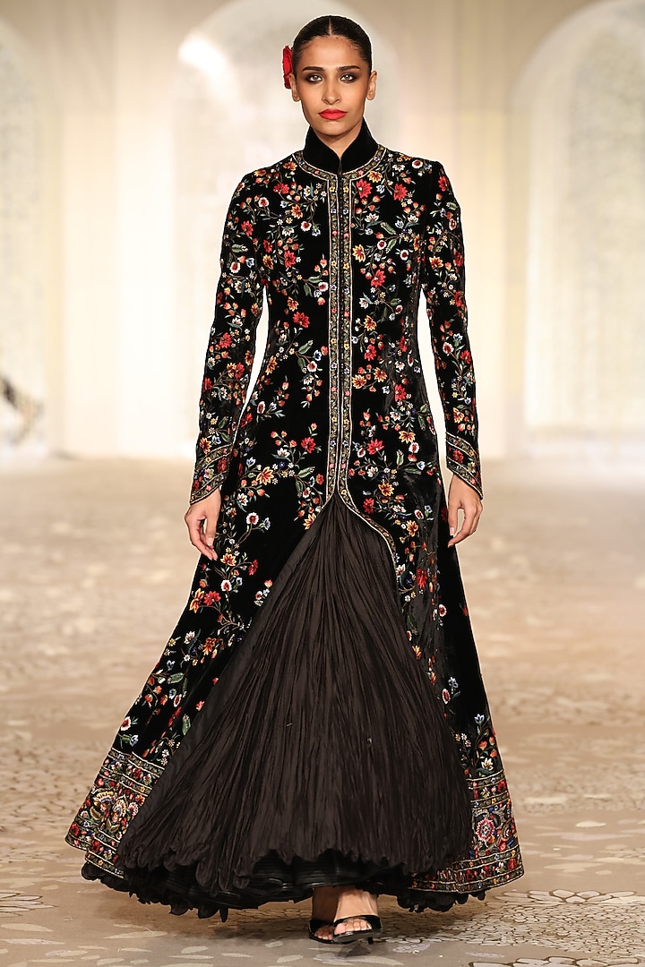 Black Velvet Embroidered Long Jacket by Rohit Bal at Pernia's Pop Up Shop