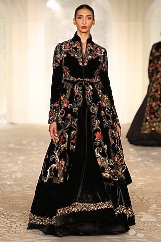 Black Velvet Embroidered Long Jacket by Rohit Bal