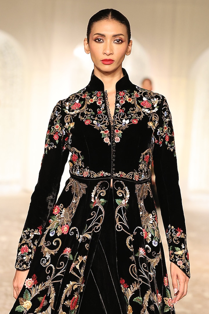 Black Velvet Embroidered Long Jacket by Rohit Bal at Pernia's Pop Up Shop