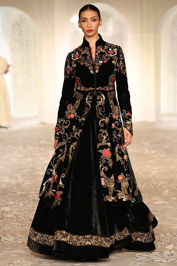 Black Velvet Embroidered Long Jacket by Rohit Bal at Pernia's Pop Up Shop