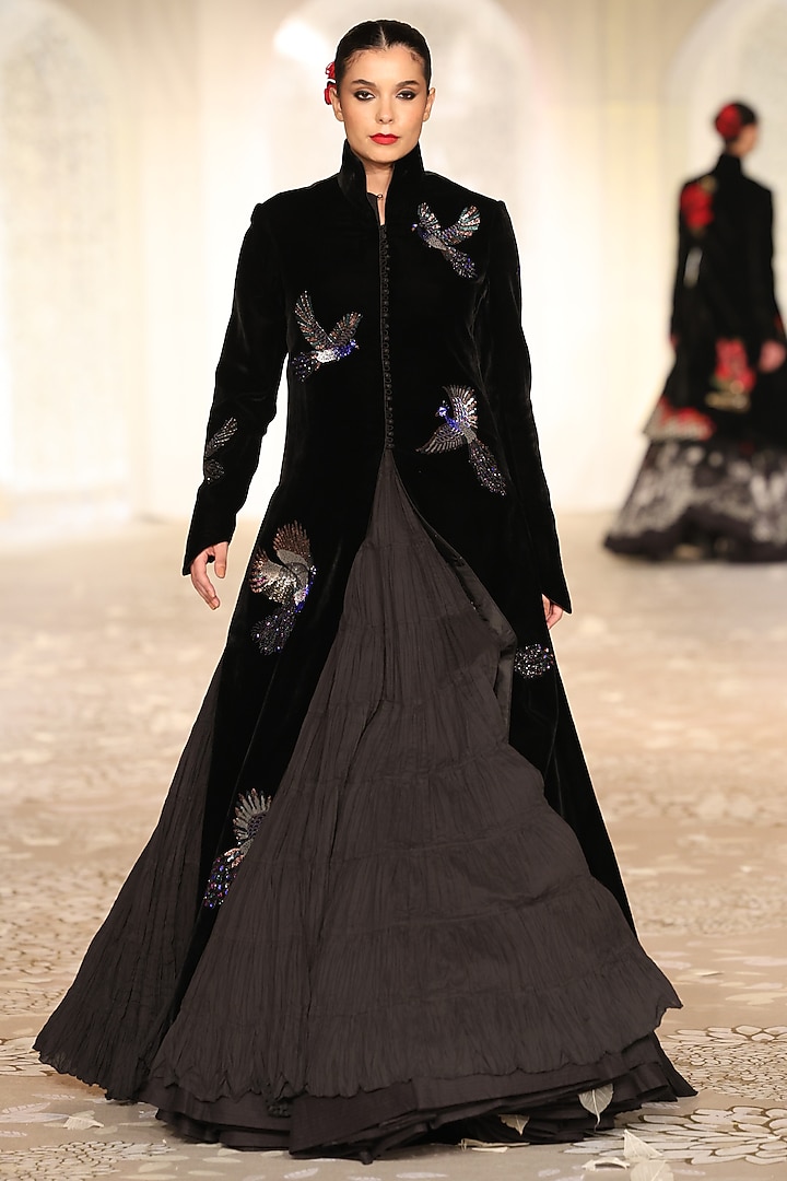 Black Velvet Embroidered Long Jacket by Rohit Bal at Pernia's Pop Up Shop