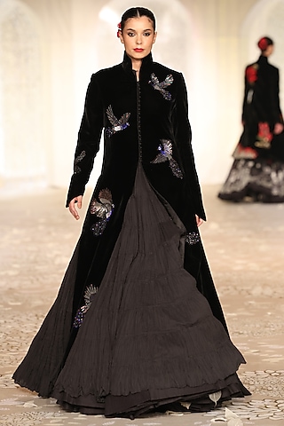 Black Velvet Embroidered Long Jacket by Rohit Bal