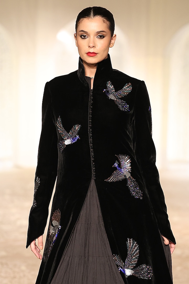 Black Velvet Embroidered Long Jacket by Rohit Bal at Pernia's Pop Up Shop