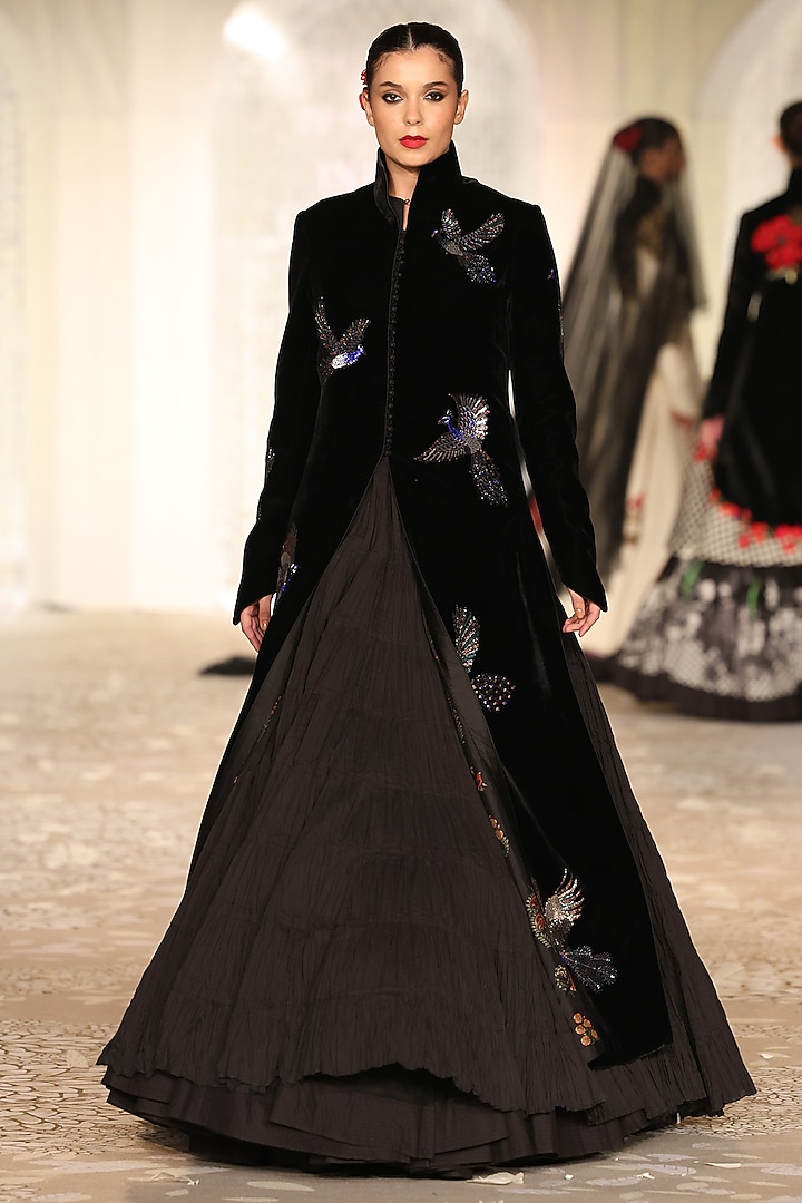 Black Velvet Embroidered Long Jacket by Rohit Bal at Pernia's Pop Up Shop