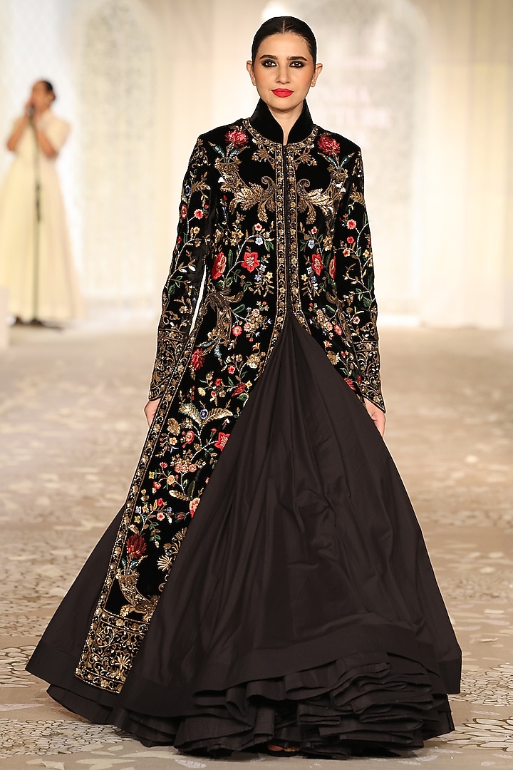 Black Velvet Embroidered Long Jacket by Rohit Bal at Pernia's Pop Up Shop