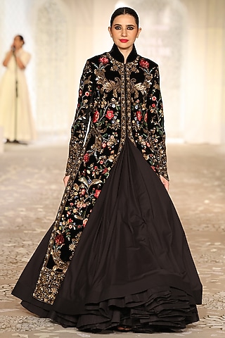 Black Velvet Embroidered Long Jacket by Rohit Bal