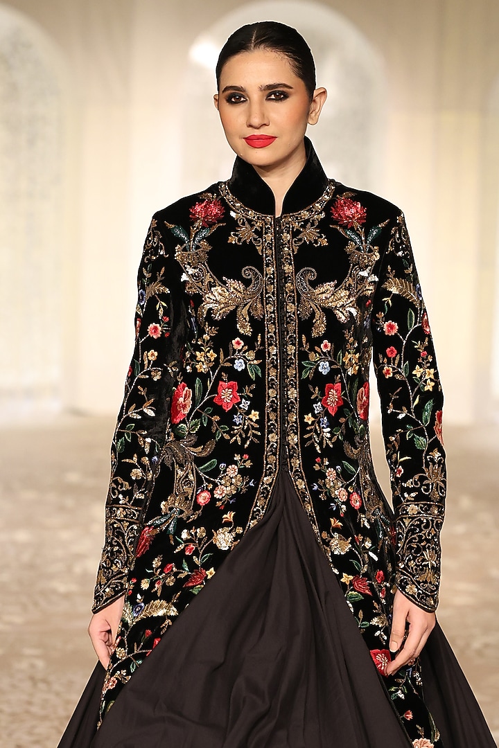 Black Velvet Embroidered Long Jacket by Rohit Bal at Pernia's Pop Up Shop