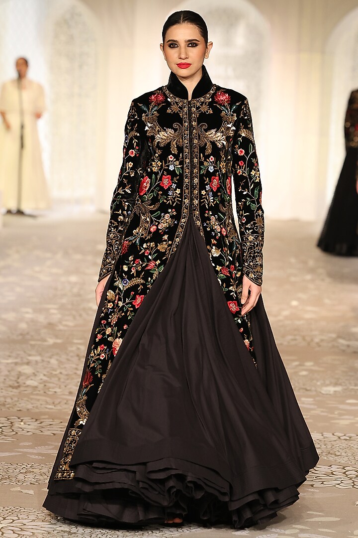 Black Velvet Embroidered Long Jacket by Rohit Bal at Pernia's Pop Up Shop