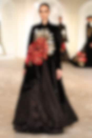 Black Velvet Applique Embroidered Long Jacket by Rohit Bal at Pernia's Pop Up Shop