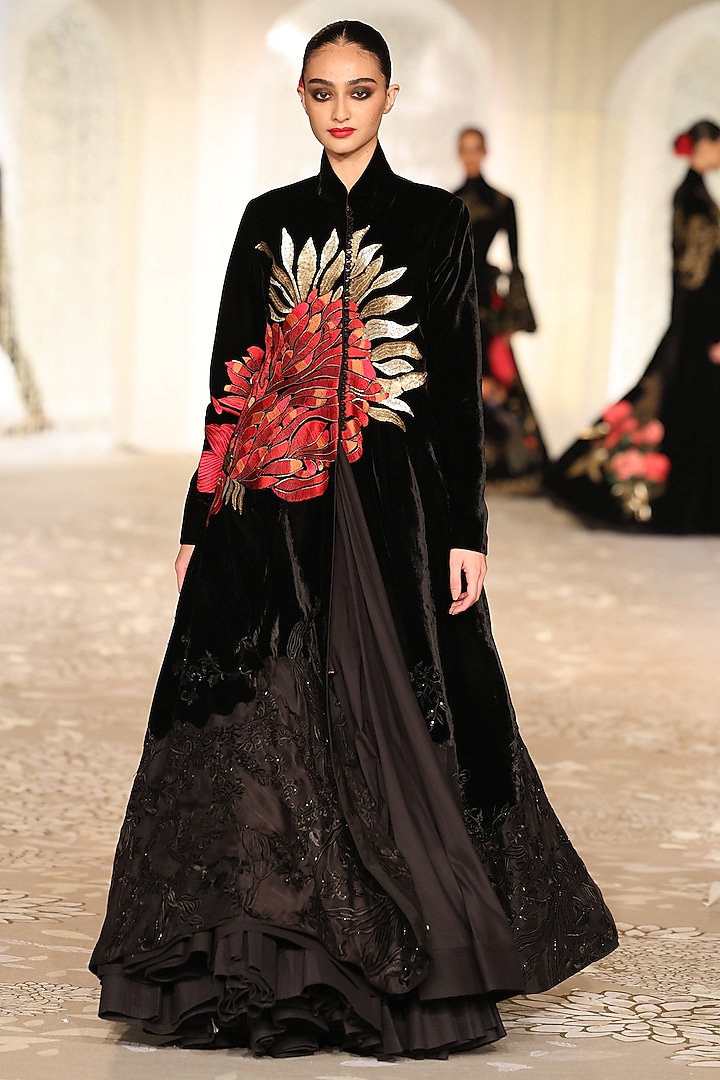 Black Velvet Applique Embroidered Long Jacket by Rohit Bal at Pernia's Pop Up Shop