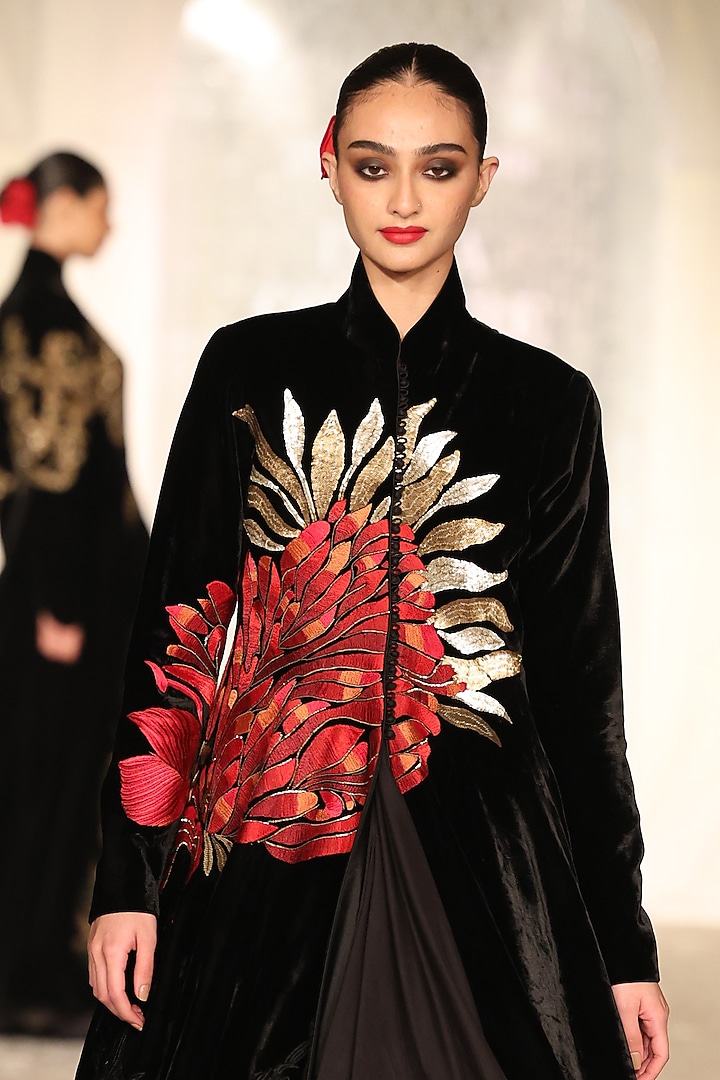 Black Velvet Applique Embroidered Long Jacket by Rohit Bal at Pernia's Pop Up Shop