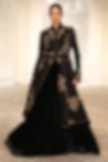 Black Velvet Applique Embroidered Long Jacket by Rohit Bal at Pernia's Pop Up Shop