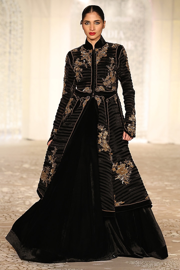 Black Velvet Applique Embroidered Long Jacket by Rohit Bal at Pernia's Pop Up Shop