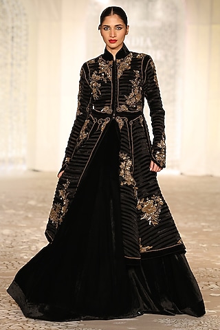 Black Velvet Applique Embroidered Long Jacket by Rohit Bal